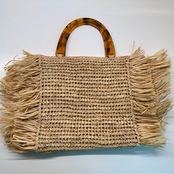 Hat Attack Tan Woven Satchel with Tortoise Handles - Picture 2 of 4